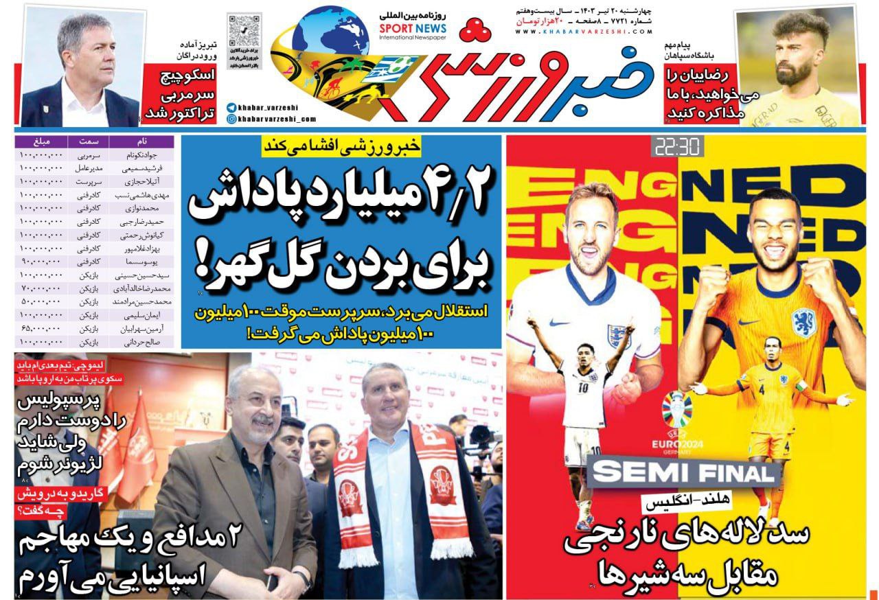 نیم‌صفحه اول روزنامه‌های ورزشی ۲۰ تیر