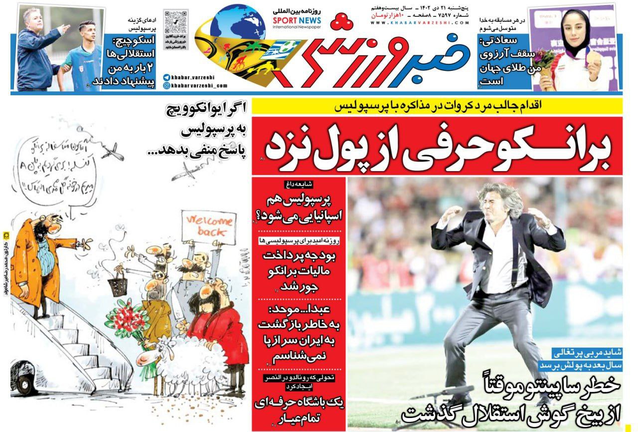 نیم‌صفحه اول روزنامه‌های ورزشی ۲۱ دی